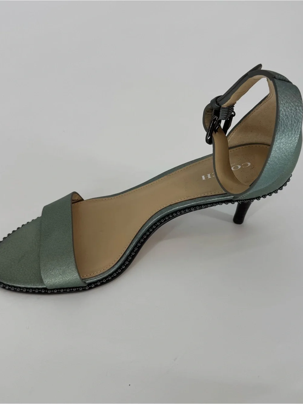 Coach Women’s Metallic Pewter Ankle-Strap Kitten Heel Sandals Size 7.5